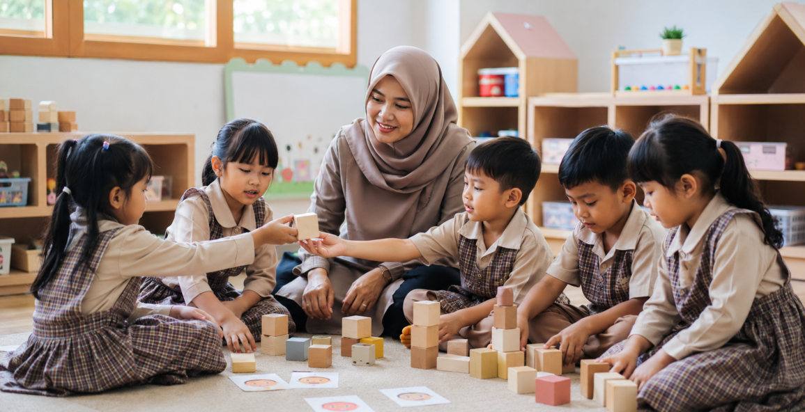 Guru mendampingi kegiatan sosial emosional anak TK dalam permainan kelompok